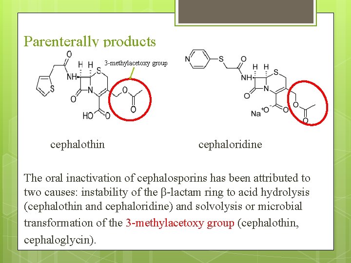 Parenterally products 3 -methylacetoxy group cephalothin cephaloridine The oral inactivation of cephalosporins has been
