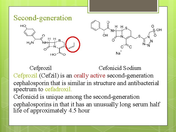Second-generation Cefprozil Cefonicid Sodium Cefprozil (Cefzil) is an orally active second-generation cephalosporin that is