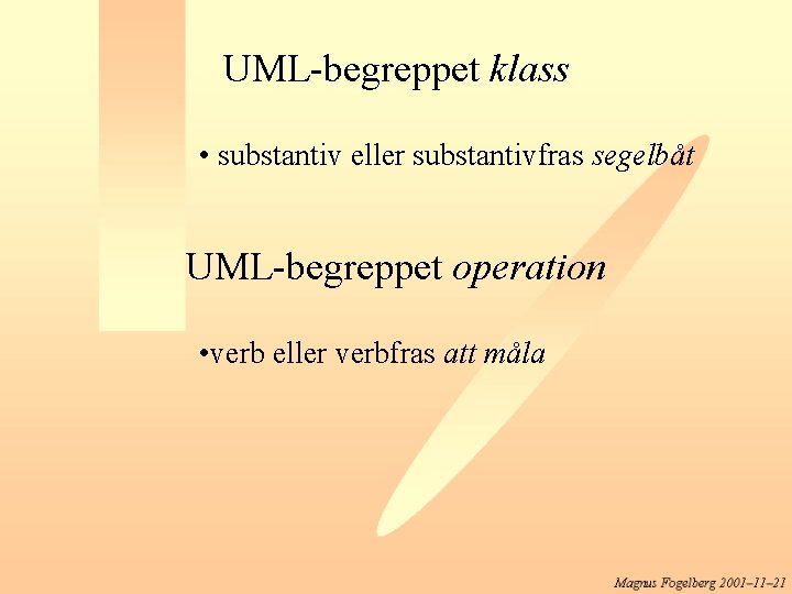 UML-begreppet klass • substantiv eller substantivfras segelbåt UML-begreppet operation • verb eller verbfras att
