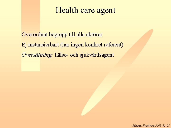 Health care agent Överordnat begrepp till alla aktörer Ej instansierbart (har ingen konkret referent)