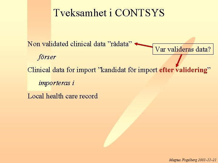 Tveksamhet i CONTSYS Non validated clinical data ”rådata” förser Var valideras data? Clinical data