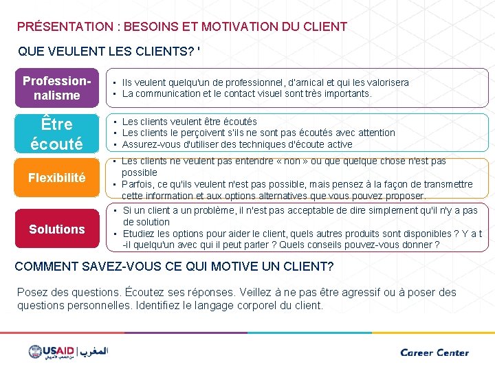 PRÉSENTATION : BESOINS ET MOTIVATION DU CLIENT QUE VEULENT LES CLIENTS? ' Professionnalisme Être