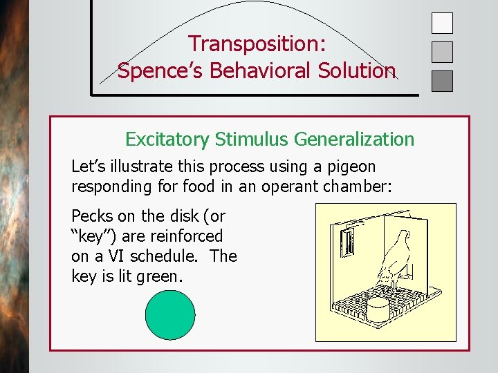 Transposition: Spence’s Behavioral Solution Excitatory Stimulus Generalization Let’s illustrate this process using a pigeon