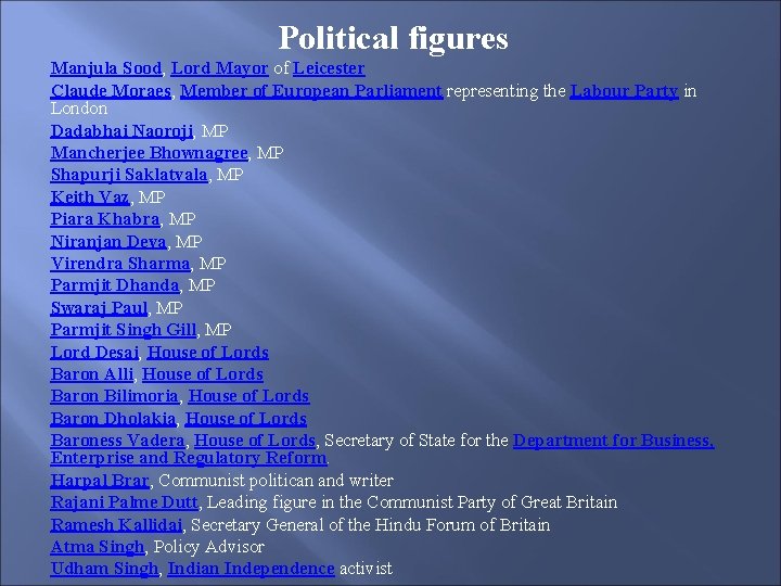 Political figures Manjula Sood, Lord Mayor of Leicester Claude Moraes, Member of European Parliament