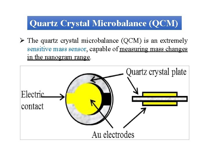 Quartz Crystal Microbalance (QCM) Ø The quartz crystal microbalance (QCM) is an extremely sensitive