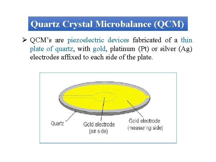 Quartz Crystal Microbalance (QCM) Ø QCM’s are piezoelectric devices fabricated of a thin plate