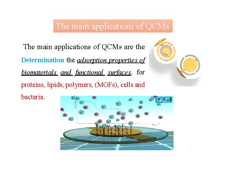 The main applications of QCMs are the Determination the adsorption properties of biomaterials and