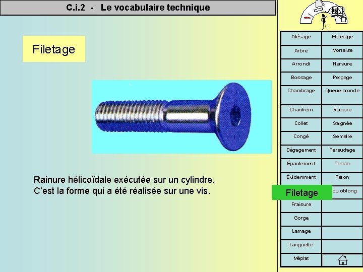 C. i. 2 - Le vocabulaire technique Filetage Rainure hélicoïdale exécutée sur un cylindre.