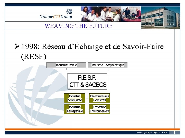  WEAVING THE FUTURE Ø 1998: Réseau d’Échange et de Savoir-Faire (RESF) 1 0