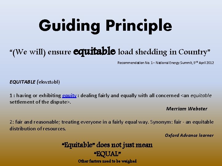 Guiding Principle “(We will) ensure equitable load shedding in Country” Recommendation No. 1– National