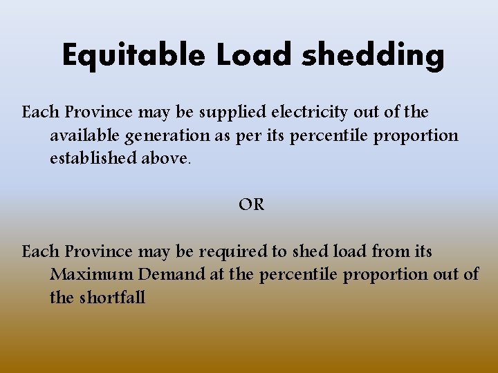 Equitable Load shedding Each Province may be supplied electricity out of the available generation Equitable Load shedding Each Province may be supplied electricity out of the available generation