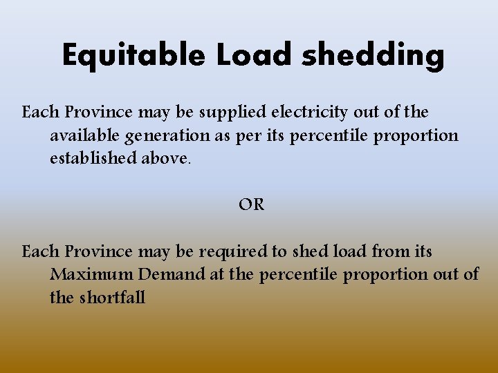 Equitable Load shedding Each Province may be supplied electricity out of the available generation