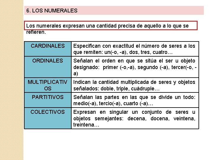 6. LOS NUMERALES Los numerales expresan una cantidad precisa de aquello a lo que