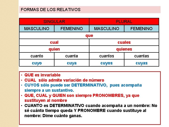 FORMAS DE LOS RELATIVOS SINGULAR MASCULINO PLURAL FEMENINO MASCULINO FEMENINO que cuales quienes cuanto