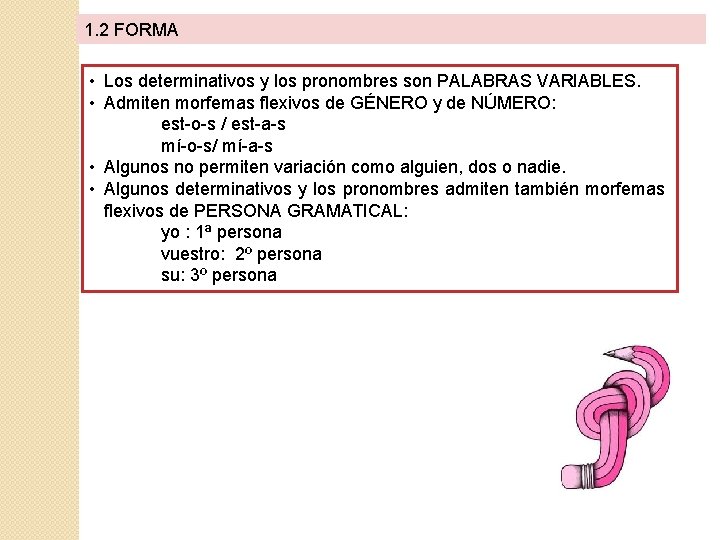 1. 2 FORMA • Los determinativos y los pronombres son PALABRAS VARIABLES. • Admiten