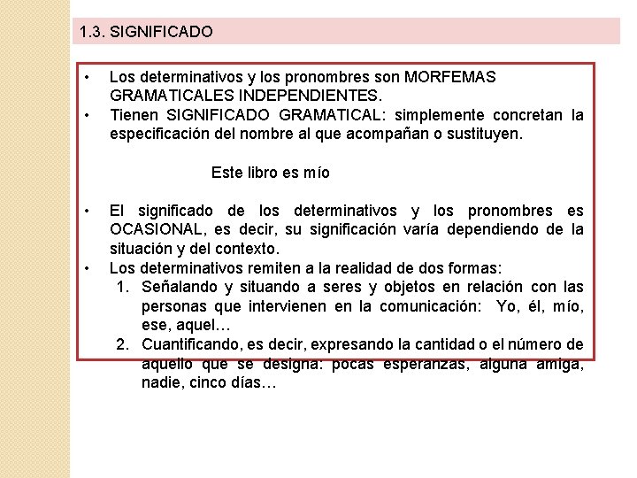 1. 3. SIGNIFICADO • • Los determinativos y los pronombres son MORFEMAS GRAMATICALES INDEPENDIENTES.
