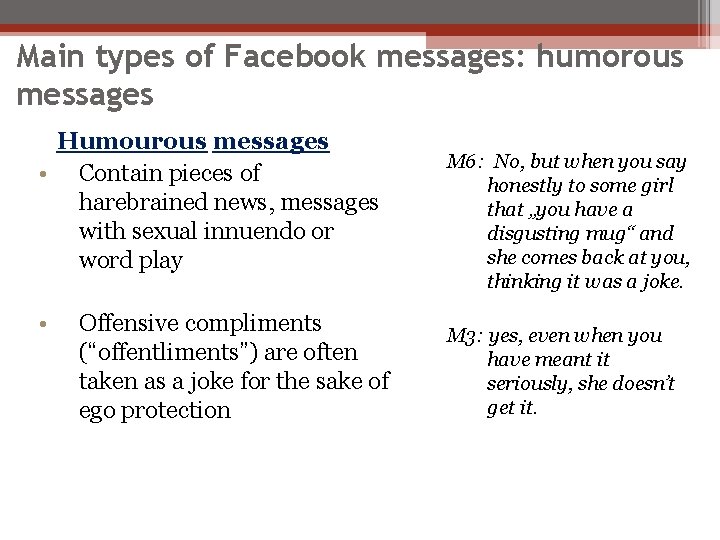 Main types of Facebook messages: humorous messages Humourous messages • Contain pieces of harebrained