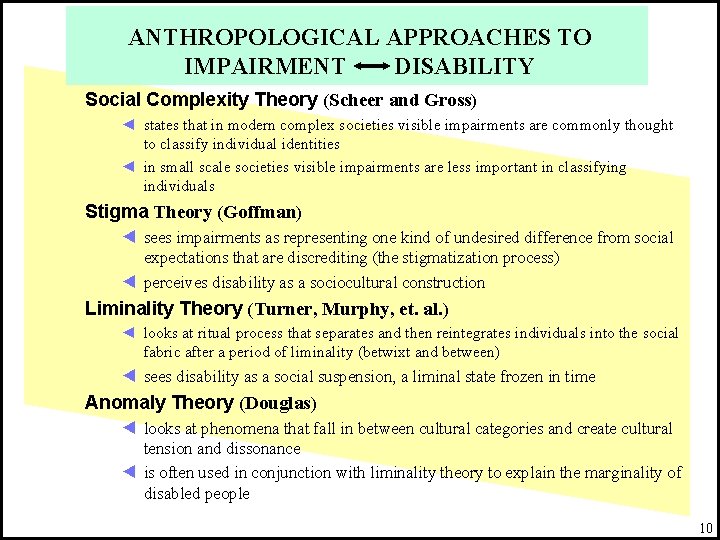 ANTHROPOLOGICAL APPROACHES TO IMPAIRMENT DISABILITY Social Complexity Theory (Scheer and Gross) ◄ states that