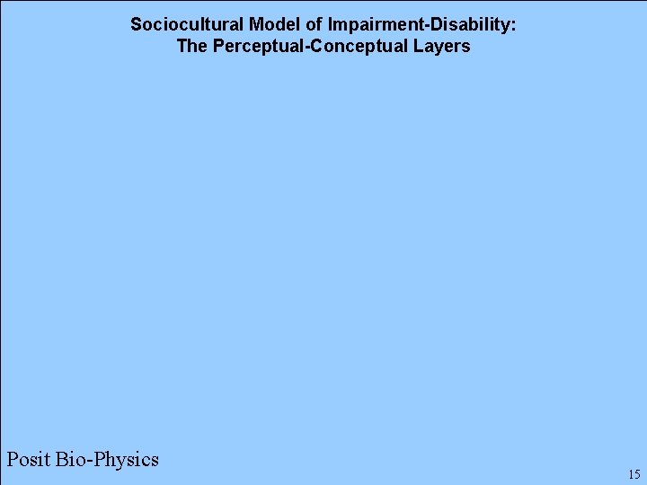 Sociocultural Model of Impairment-Disability: The Perceptual-Conceptual Layers Posit Bio-Physics 15 