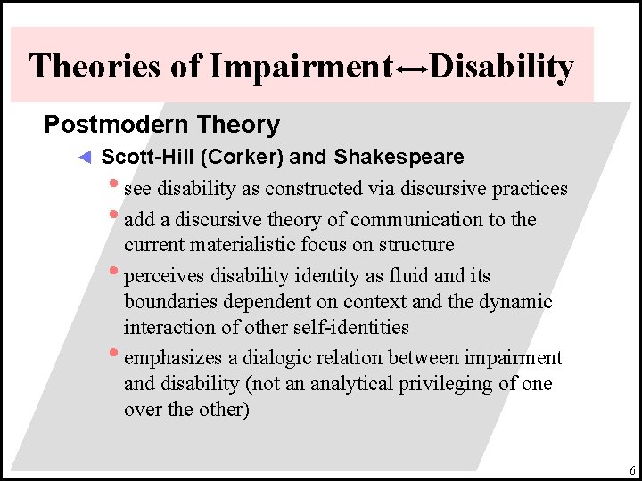 Theories of Impairment Disability Postmodern Theory ◄ Scott-Hill (Corker) and Shakespeare • see disability