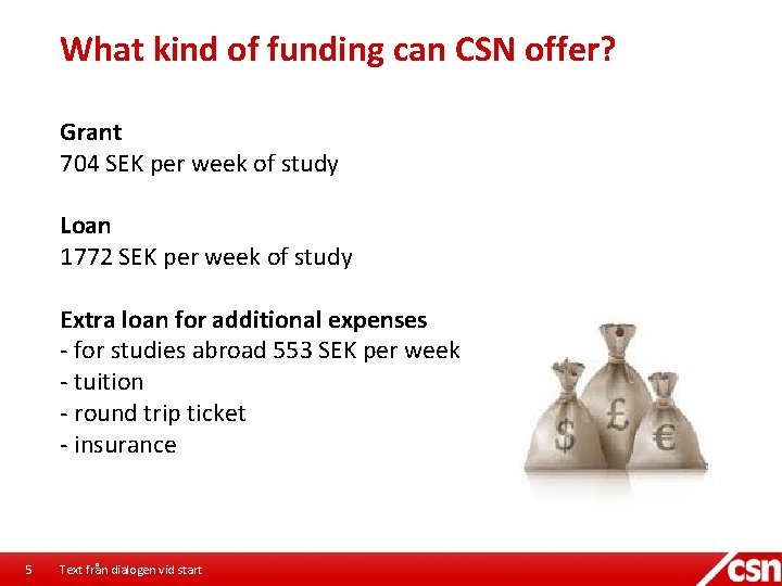 What kind of funding can CSN offer? Grant 704 SEK per week of study
