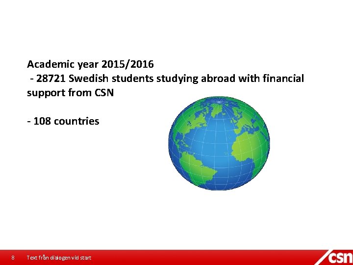 Academic year 2015/2016 - 28721 Swedish students studying abroad with financial support from CSN