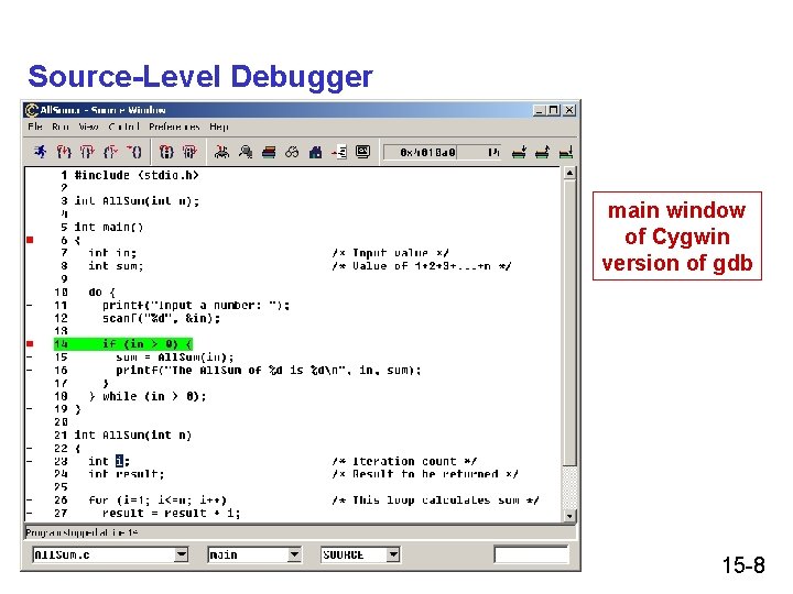 Source-Level Debugger main window of Cygwin version of gdb 15 -8 