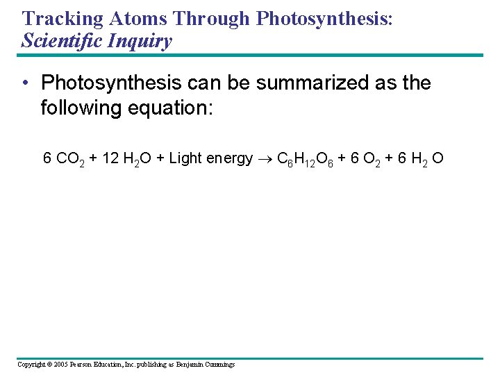 Tracking Atoms Through Photosynthesis: Scientific Inquiry • Photosynthesis can be summarized as the following
