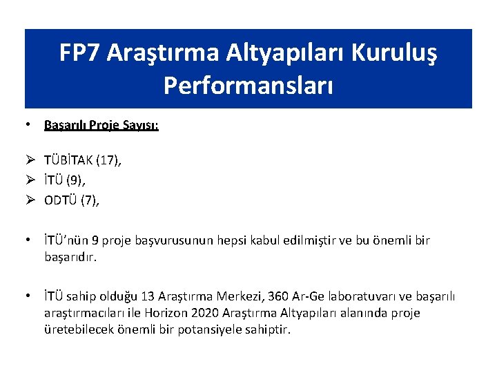 FP 7 Araştırma Altyapıları Kuruluş Performansları • Başarılı Proje Sayısı: Ø TÜBİTAK (17), Ø