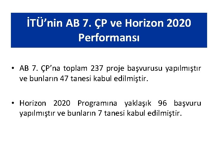 İTÜ’nin AB 7. ÇP ve Horizon 2020 Performansı • AB 7. ÇP’na toplam 237