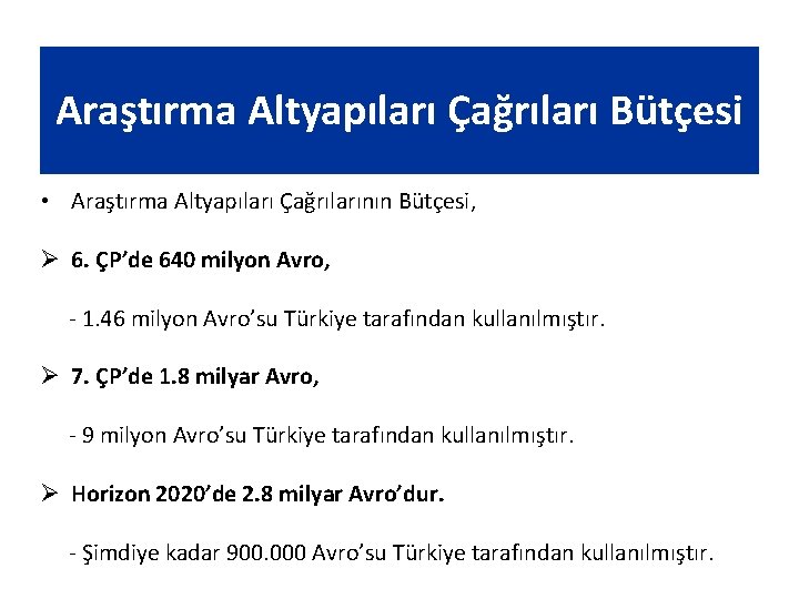 Araştırma Altyapıları Çağrıları Bütçesi • Araştırma Altyapıları Çağrılarının Bütçesi, Ø 6. ÇP’de 640 milyon