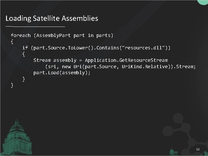 Loading Satellite Assemblies foreach (Assembly. Part part in parts) { if (part. Source. To.