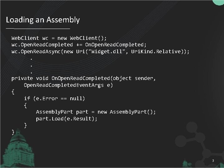 Loading an Assembly Web. Client wc = new Web. Client(); wc. Open. Read. Completed