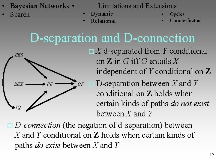  • Bayesian Networks • Limitations and Extensions • Dynamic • Cycles • Search