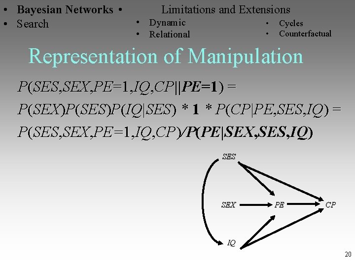  • Bayesian Networks • Limitations and Extensions • Dynamic • Cycles • Search