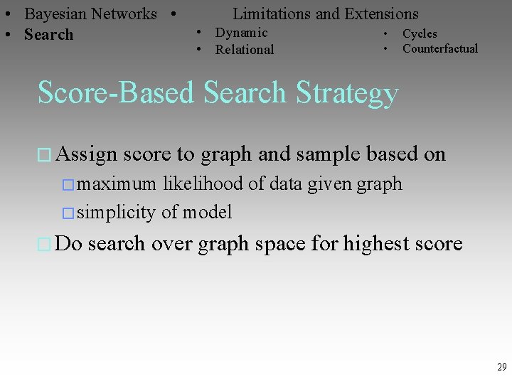  • Bayesian Networks • Limitations and Extensions • Dynamic • Cycles • Search