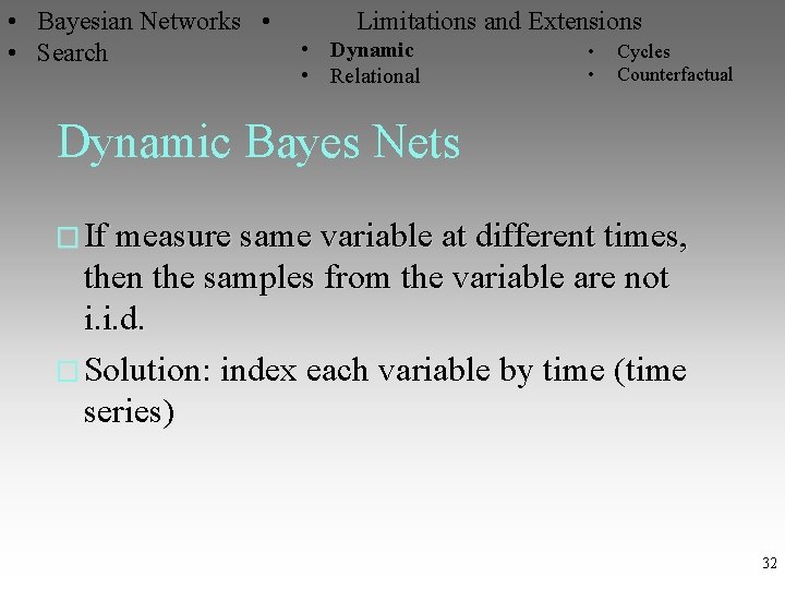  • Bayesian Networks • Limitations and Extensions • Dynamic • Cycles • Search