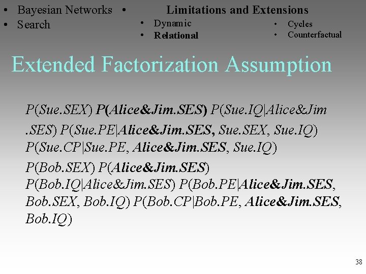  • Bayesian Networks • Limitations and Extensions • Dynamic • Cycles • Search