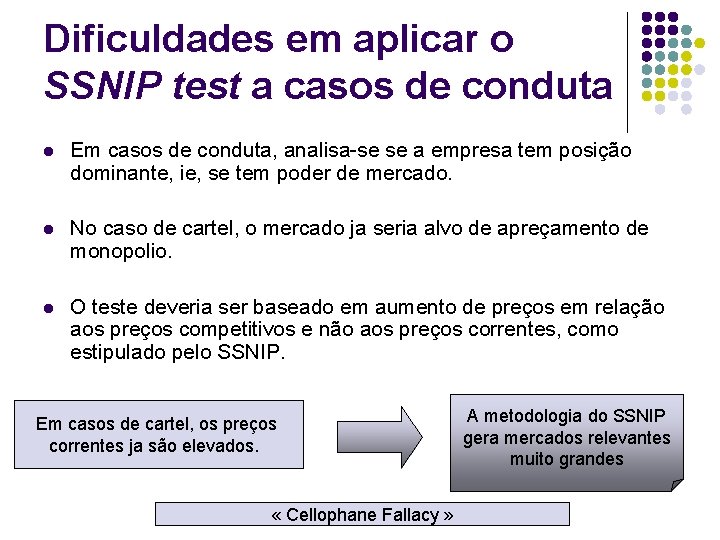 Dificuldades em aplicar o SSNIP test a casos de conduta l Em casos de