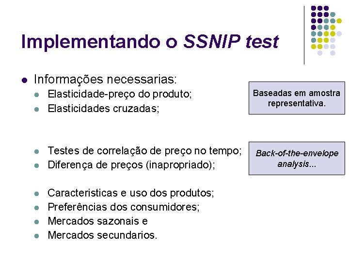 Implementando o SSNIP test l Informações necessarias: l l l l Elasticidade-preço do produto;