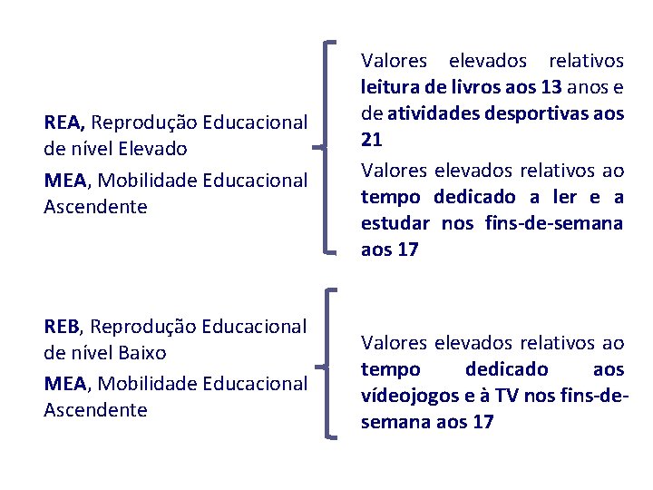 REA, Reprodução Educacional de nível Elevado MEA, Mobilidade Educacional Ascendente REB, Reprodução Educacional de