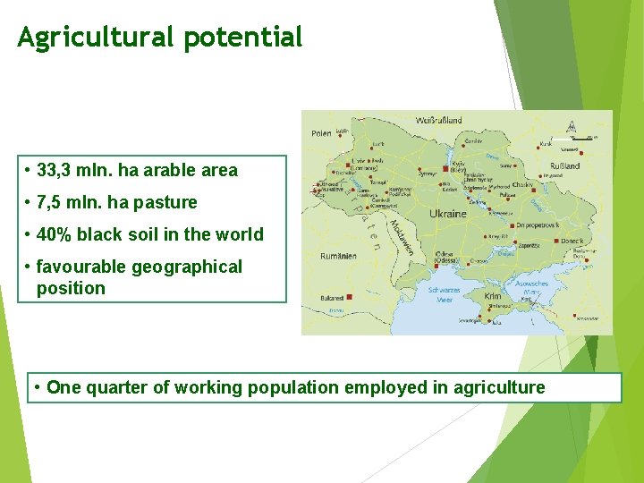 Agricultural potential • 33, 3 mln. ha arable area • 7, 5 mln. ha