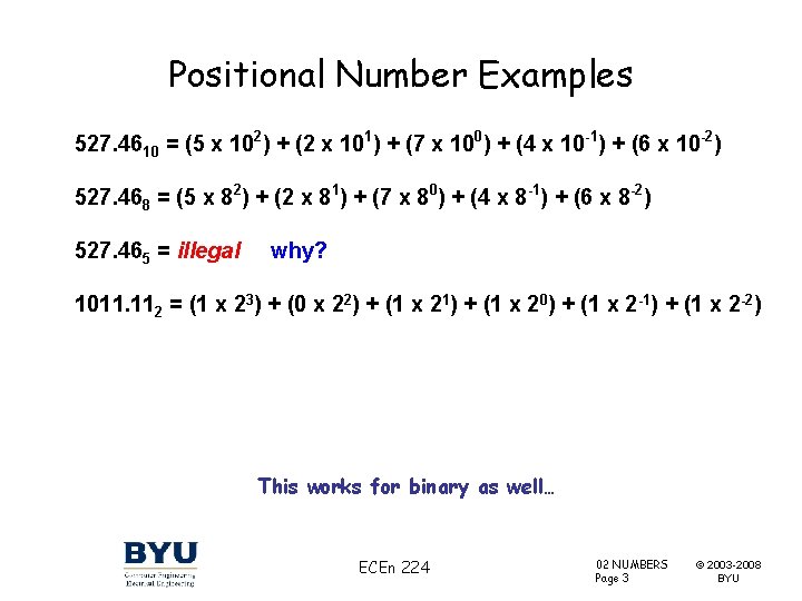 Positional Number Examples 527. 4610 = (5 x 102) + (2 x 101) +