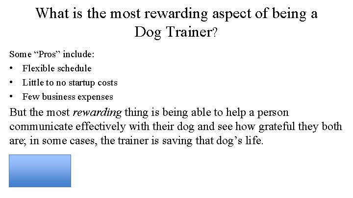 What is the most rewarding aspect of being a Dog Trainer? Some “Pros” include: