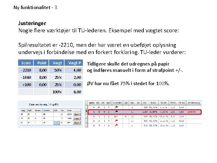 Ny funktionalitet - 3 Justeringer Nogle flere værktøjer til TU-lederen. Eksempel med vægtet score: