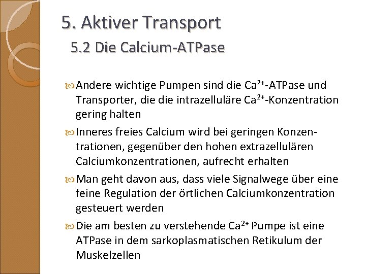 5. Aktiver Transport 5. 2 Die Calcium-ATPase Andere wichtige Pumpen sind die Ca 2+-ATPase