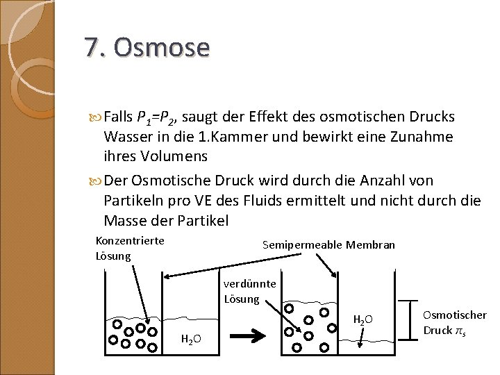 7. Osmose Falls P 1=P 2, saugt der Effekt des osmotischen Drucks Wasser in