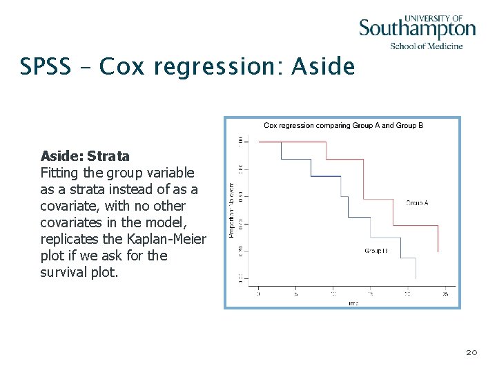 SPSS – Cox regression: Aside: Strata Fitting the group variable as a strata instead