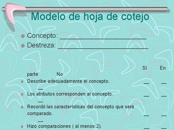 Modelo de hoja de cotejo Concepto: ____________ Destreza: ____________ parte No Describe adecuadamente el