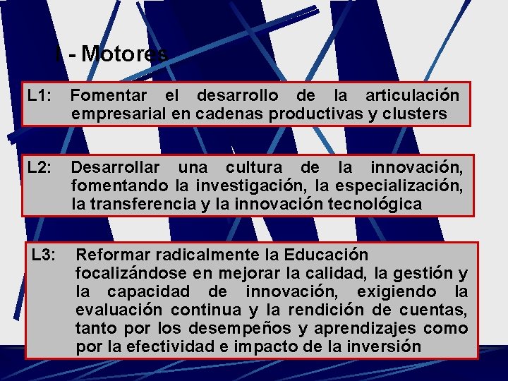 I - Motores L 1: Fomentar el desarrollo de la articulación empresarial en cadenas